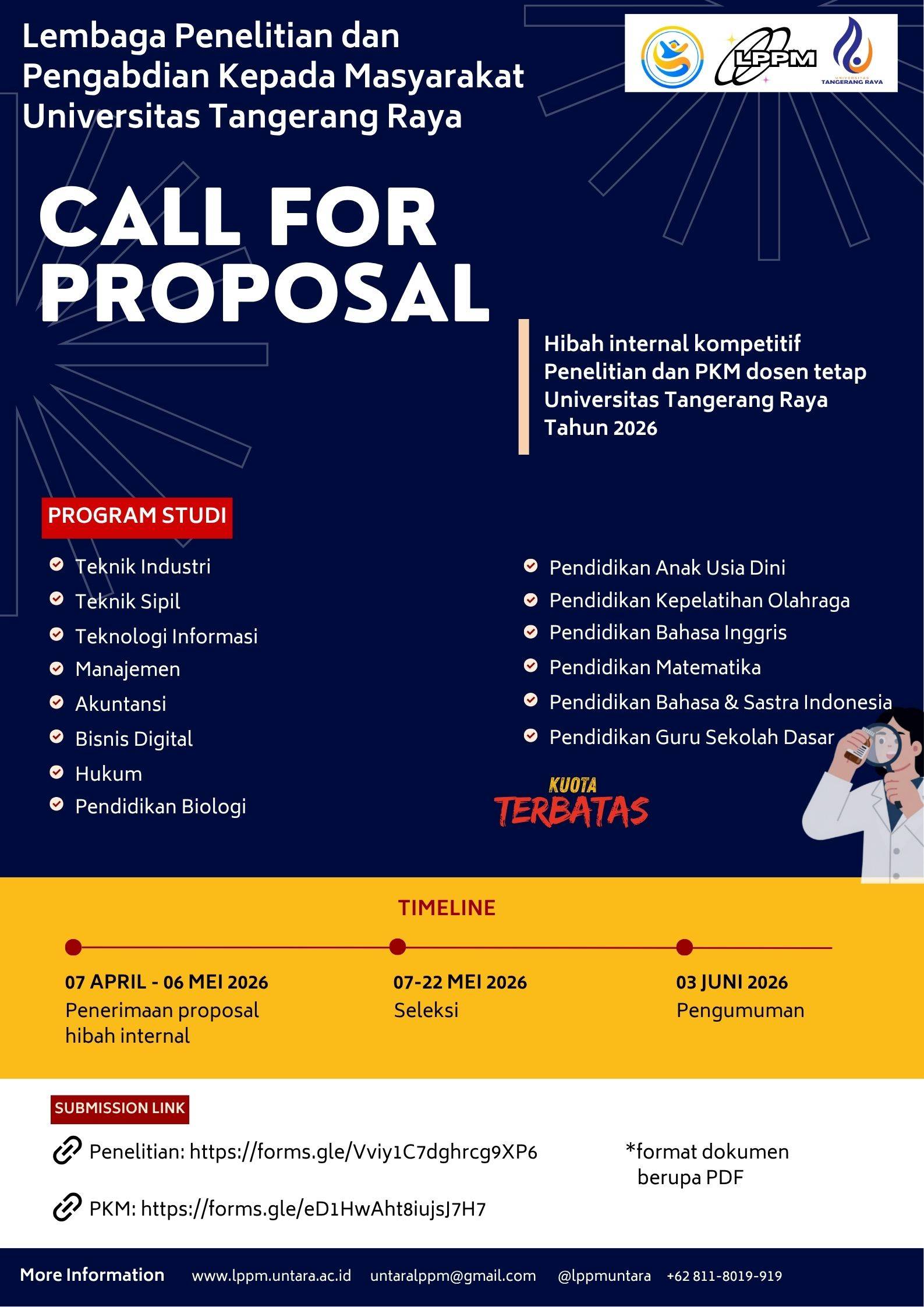 📢 CALL FOR PROPOSAL HIBAH INTERNAL PENELITIAN DAN PKM UNIVERSITAS TANGERANG RAYA